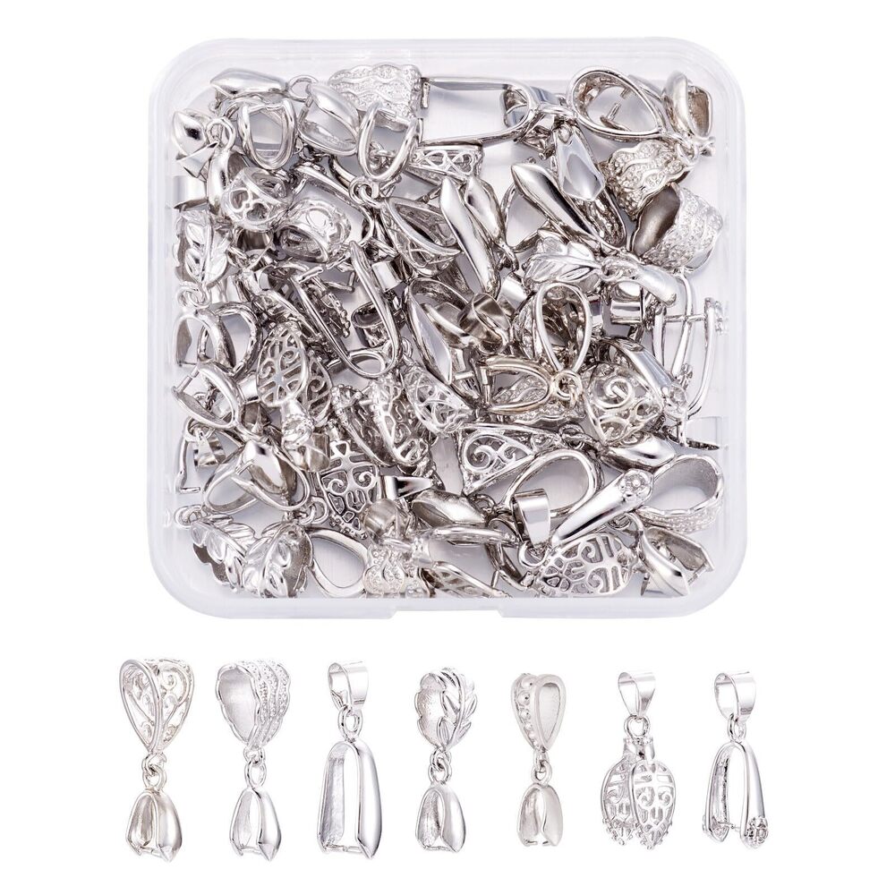2872 Beadthoven 42pcs 7 Styles Brass Ice Pick Pinch Bail Clasps Platinum